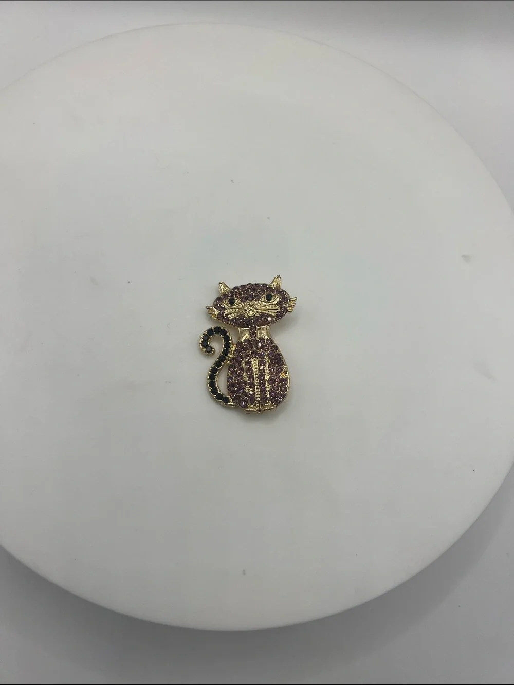 476. Gold-Tone Cat Brooch with Purple and Black Crystals